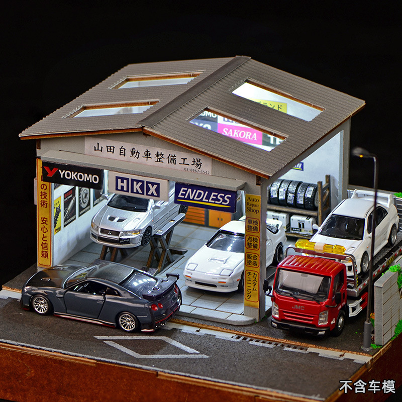 Model Kit Led - 1:64スケールDIY自動車修理工場ジオラマキット（LEDライト付き）、ミニチュアガレージワークショップ（模型車展示用）