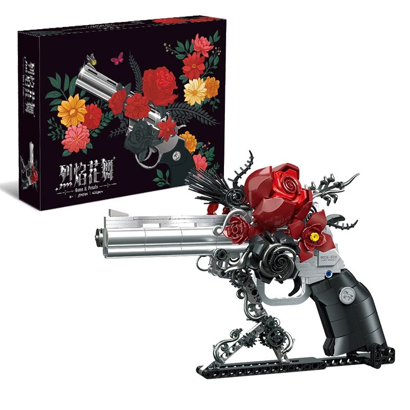 Model Kit Revolver - 631ピース ローズリボルバーガン ビルディングブロックセット、DIYフラワーピストルモデルキット、ホームデスクデコレーション、クリエイティブなおもちゃ 大人向けギフト