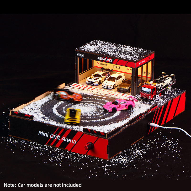 Model Kit Led - 1:64スケールDIYドリフトトラックジオラマ（回転ステージ＆LEDガレージライト付き）-ミニカーディスプレイ用モデルカーシーン組み立てキット