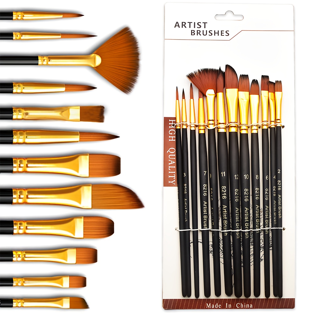 Model Kit Acrylic Paint - 12本入りプロフェッショナルアーティストペイントブラシセット - オイル、アクリル、水彩、キャンバス、グワッシュペイント用のプレミアムナイロン毛