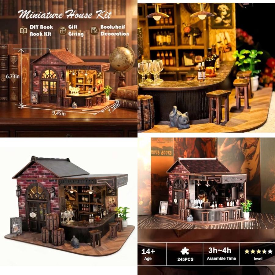 Model Kit Led - ブックヌックキット、3D木製ミニチュア居酒屋とパブドールハウス（LEDライト付き）- 大人向けDIYミニハウスクラフトモデル、誕生日V