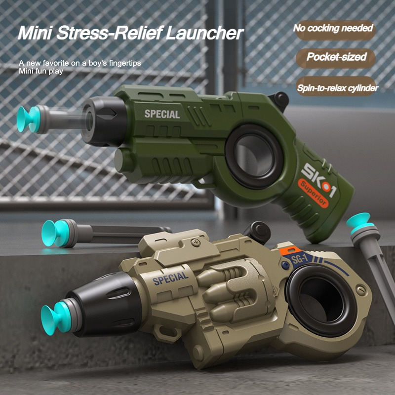 Model Kit Revolver - 2個セット EDC フィジェットランチャー リボルバー型プラスチックモデル ミニフィンガースピナー付き 吸盤式ダーツ6個入り